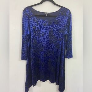 Lbisse Tunic Top Velvet Burnout Cheetah Print Sz XL Purple Black Asymmetric Hem